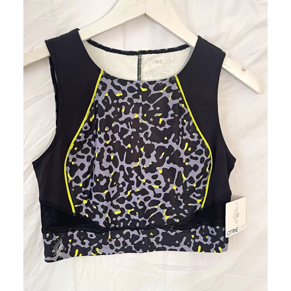 CitrineGlow Women's M Black/Gray/Yellow Print Wireless Sports Bra/Shorts Set